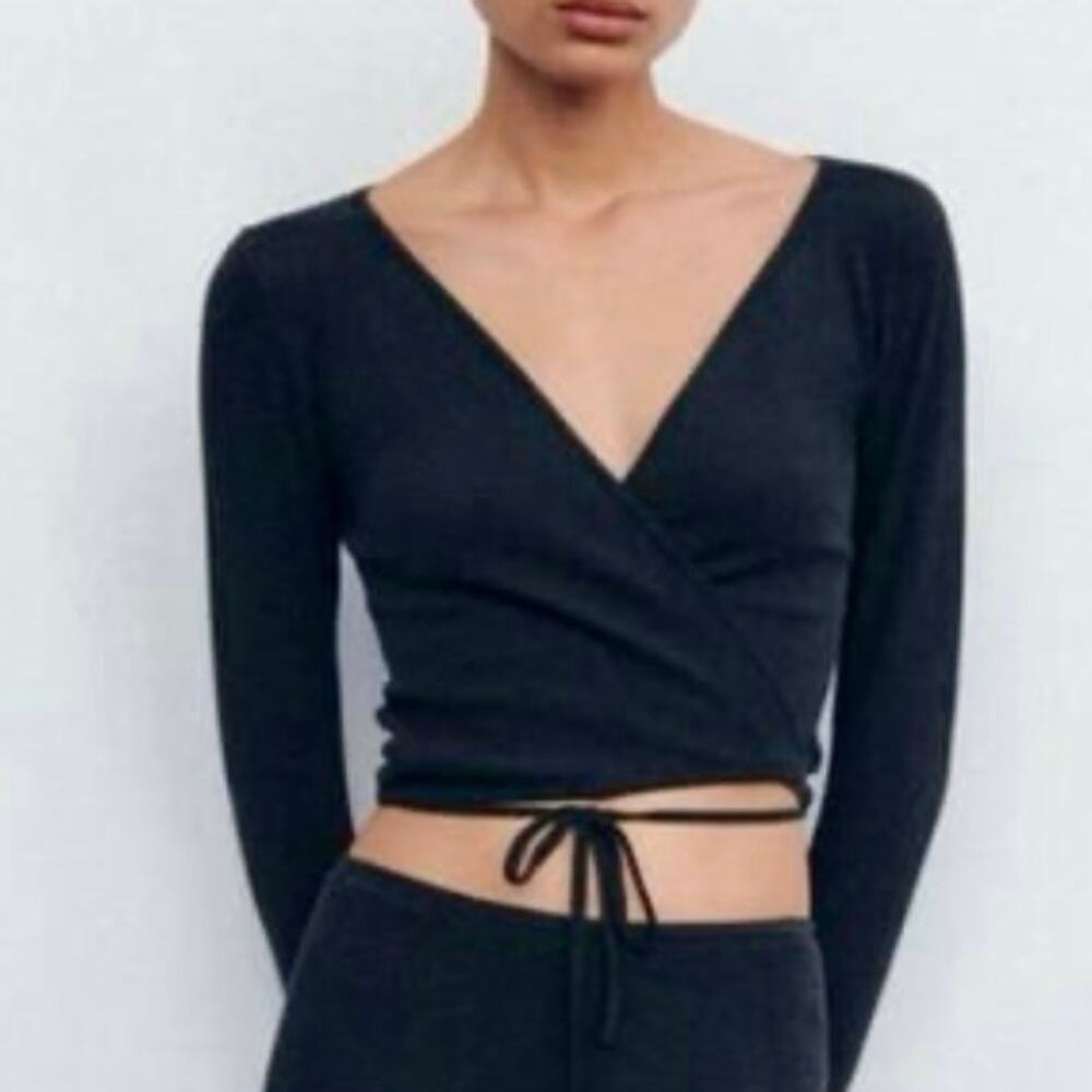 ZARA Dark Gray Ribbed Wrap Crop Top XS | Long Sleeve Tie Front